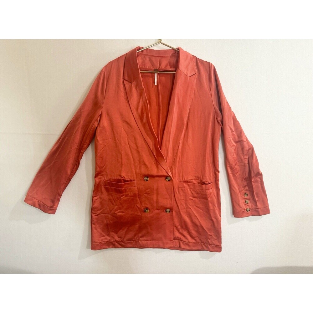 Free People Satin Silk Orange Rust Tailored Long Blazer Jacket Womens Large